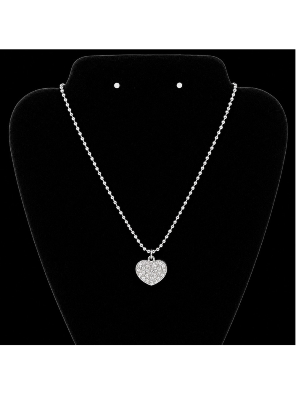 Dainty Silver Tone Heart Pendant Necklace Pave Rhinestone Ball Chain Minimalist